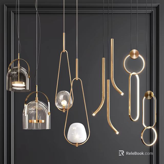 Modern Chandeliers With Gold Metal Frames And Glass Elements Unique Shapes 3d model 