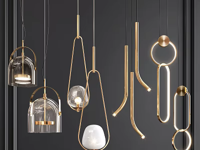 Modern Chandeliers With Gold Metal Frames And Glass Elements Unique Shapes 3d model
