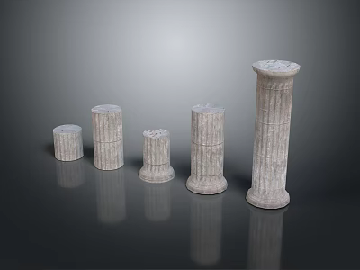 Classical Stone Columns With Various Sizes And Carved Textures On Dark Background With Reflections 3d model