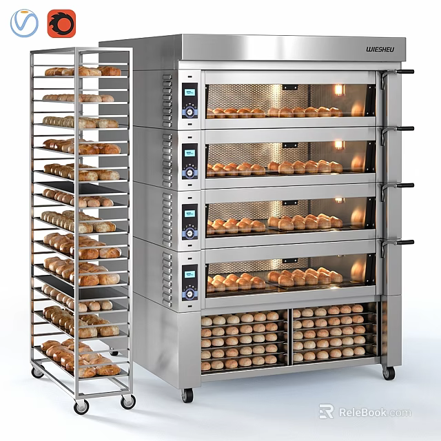Commercial Baking Equipment With Stainless Steel Oven Multiple Layers And Bread Display Racks 3d model 