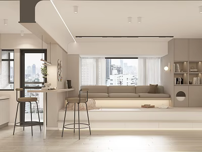 Modern Apartment Interior With Sofa Bar Stools And City View 3d model