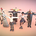 Diverse Characters In Various Costumes Stretching Arms Standing On Gradient Pink Orange Background