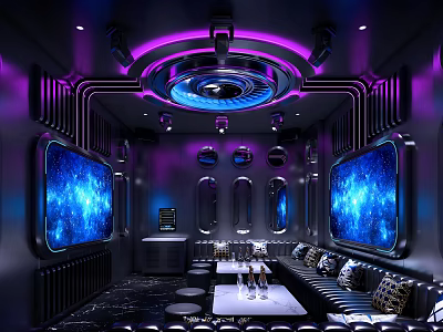 Modern KTV Room With Purple Lighting Blue Screens And Comfortable Sofas 3d model
