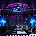 Modern KTV Room With Purple Lighting Blue Screens And Comfortable Sofas 3d model