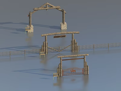 Rustic Wooden Entrance Gates With Stone Accents Wild Life Sign And Fencing 3d model