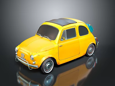 Yellow Vintage Small Car With Black Roof And Glossy Reflective Surface 3d model