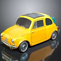 Yellow Vintage Small Car With Black Roof And Glossy Reflective Surface