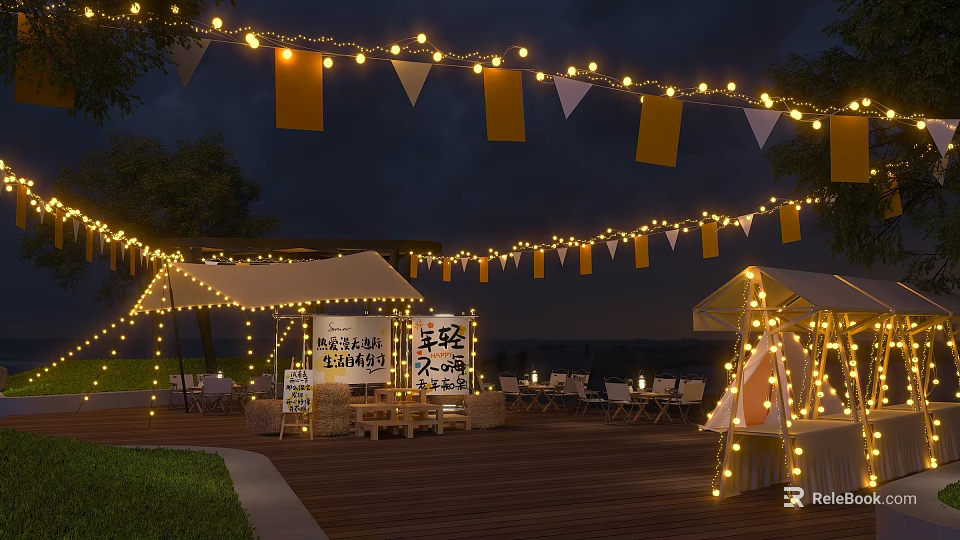 Outdoor Night Party Setup With Tents String Lights Flags Tables Chairs And Japanese Signs 3d model 