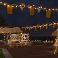 Outdoor Night Party Setup With Tents String Lights Flags Tables Chairs And Japanese Signs