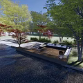 Serene Garden Landscape With Red Maple Trees Hedges White Seats And Stone Ground