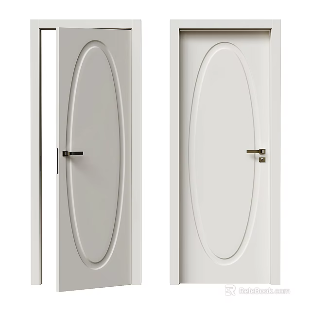 White Hinged Doors with Oval Panel Design and Metal Handles for Home Interior 3d model 