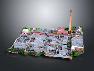 Cartoon Urban Scene With Gray Buildings Red Dome Chimney And Green Trees 3d model