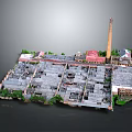 Cartoon Urban Scene With Gray Buildings Red Dome Chimney And Green Trees