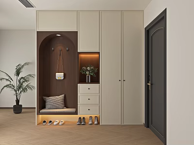 Modern Entryway Shoe Cabinet With Storage Drawers Seat And Potted Plant 3d model