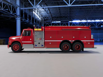 Red Fire Truck Parked In Industrial Warehouse With Metal Structure And Spacious Interior 3d model