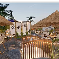 Garden Landscape Design With Thatched Roof Umbrellas Outdoor Seating And Natural Plants