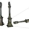 Classical Ornate Stone Columns With Carved Details Standing And Fallen