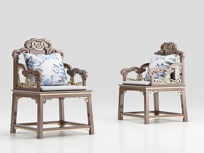 Traditional Single Sofa With Carved Wooden Frame And Blue White Patterned Cushions Golden Accents 3d model