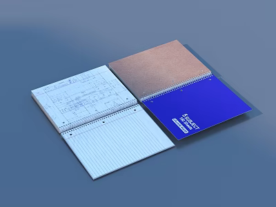 Open Notebook with Handwritten Notes Charts and Closed Blue Cover Project Notes Text 3d model