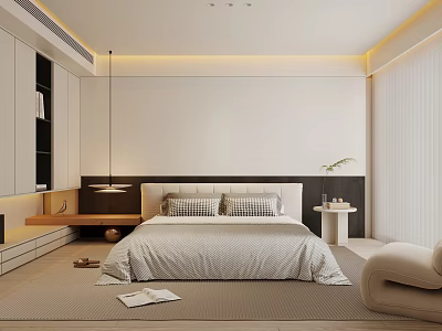 Modern Minimalist Bedroom Interior With Comfortable Bed Headboard Bedside Table And Plant 3d model