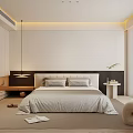 Modern Minimalist Bedroom Interior With Comfortable Bed Headboard Bedside Table And Plant 3d model