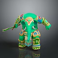 Green Elephant Toy Figure with Ornate Colorful Patterns and Holding Decorative Sword