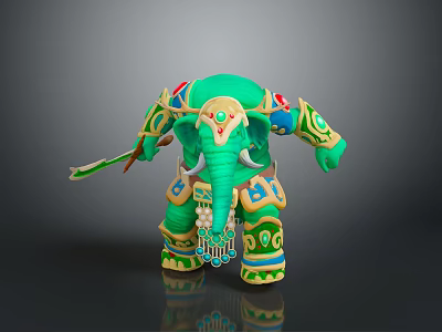 Green Elephant Toy Figure with Ornate Colorful Patterns and Holding Decorative Sword 3d model
