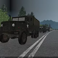 Military Trucks In A Convoy Driving On The Highway With Mountains And Trees