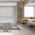 Modern Bathroom Interior Design With Bathtub Towels Toilet Vanity Mirror And Window Blinds