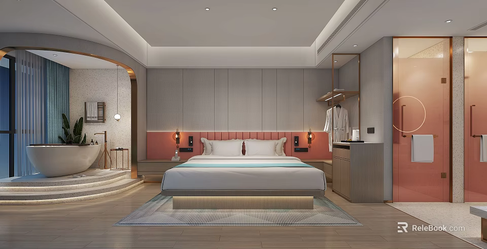 Modern Hotel Guest Room With Large Bed Pink Headboard Wall Lamps And Bathtub 3d model 