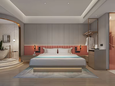 Modern Hotel Guest Room With Large Bed Pink Headboard Wall Lamps And Bathtub 3d model