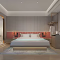 Modern Hotel Guest Room With Large Bed Pink Headboard Wall Lamps And Bathtub