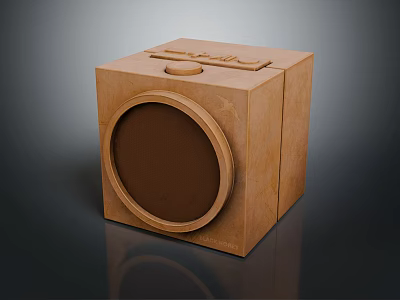 Brown Square Audio Speaker With Round Grille And Engraved Text Design Details 3d model