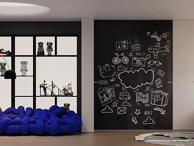 Fun Entertainment Room With Blackboard Wall Hand Drawn Doodles Blue Knit Sofa And Display Cabinet 3d model