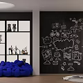 Fun Entertainment Room With Blackboard Wall Hand Drawn Doodles Blue Knit Sofa And Display Cabinet