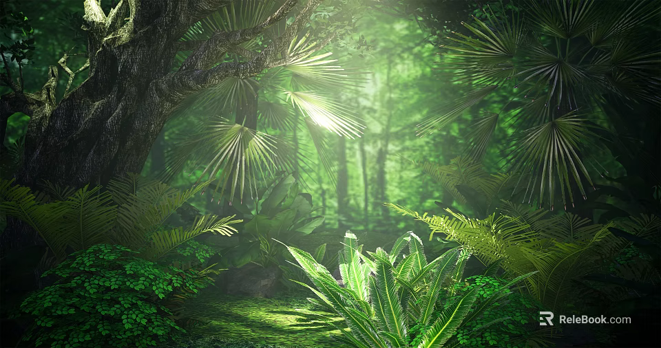 Lush Tropical Rainforest Landscape With Tall Trees Palm Leaves Sunlight And Ferns 3d model 