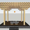 Wooden Landscape Pavilion With Grid Roof Stone Table And Misty Mountain View