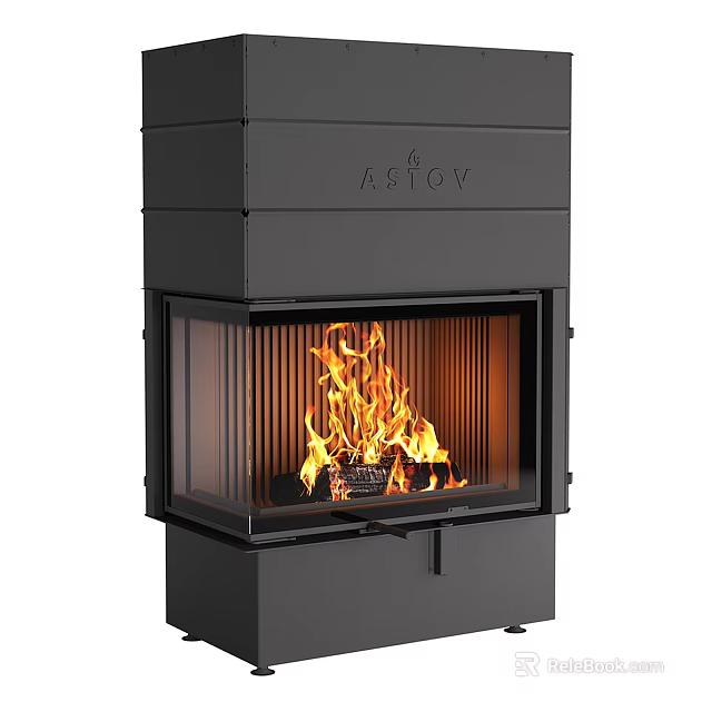 Modern Fireplace Design With Black Exterior Glass Front And Burning Flames 3d model 