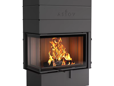 Modern Fireplace Design With Black Exterior Glass Front And Burning Flames 3d model