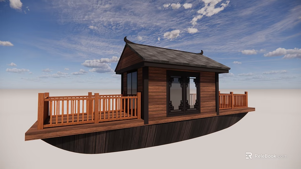 Traditional Chinese Wooden Pavilion With Black Roof And Balcony Under Blue Sky White Clouds 3d model 