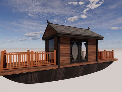 Traditional Chinese Wooden Pavilion With Black Roof And Balcony Under Blue Sky White Clouds 3d model