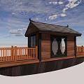 Traditional Chinese Wooden Pavilion With Black Roof And Balcony Under Blue Sky White Clouds