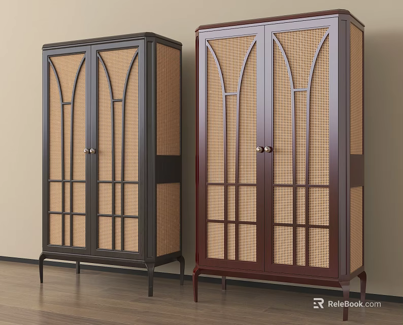 Two Modern Wooden Wardrobes With Double Doors Rattan Grid Design And Slim Legs 3d model 
