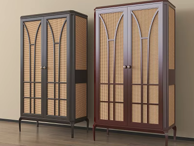 Two Modern Wooden Wardrobes With Double Doors Rattan Grid Design And Slim Legs 3d model