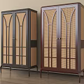 Two Modern Wooden Wardrobes With Double Doors Rattan Grid Design And Slim Legs