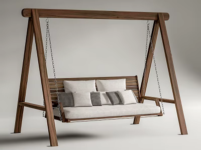 Durable Wooden Swing Bench Play Equipment with Hanging Chains and Comfortable Cushions for Outdoor Use 3d model