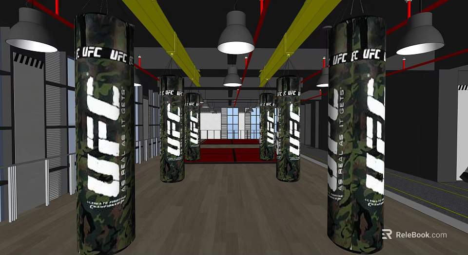 UFC Themed Fitness Gym Interior With Camo Punching Bags And Wooden Floors 3d model 