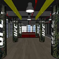 UFC Themed Fitness Gym Interior With Camo Punching Bags And Wooden Floors
