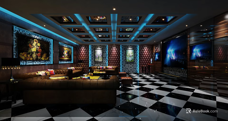Luxurious KTV Interior With Sofa Seating Large TV Screens And Checkered Floor 3d model 