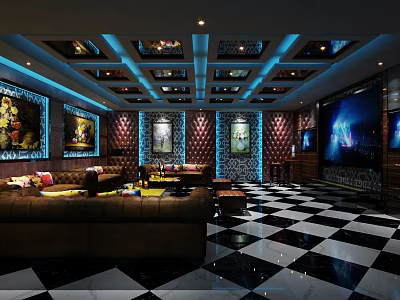 Luxurious KTV Interior With Sofa Seating Large TV Screens And Checkered Floor 3d model